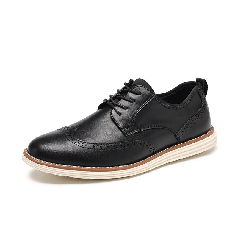 Men's black slip-on business casual shoes with round toe and low-top PU upper.