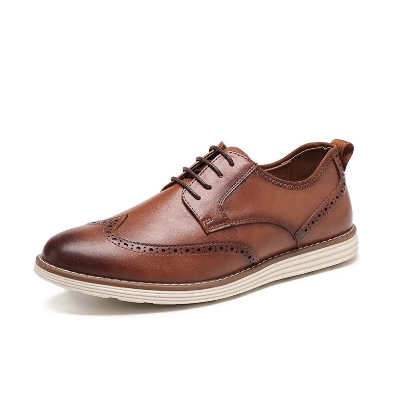 Men's black slip-on business casual shoes with round toe and low-top PU upper.