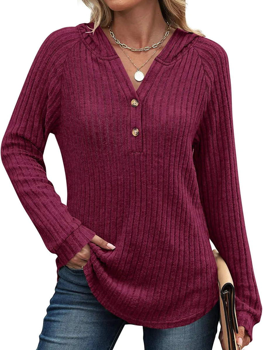 Women's solid colour V-neck button loose hooded fleece knitted top in casual Japanese Korean style