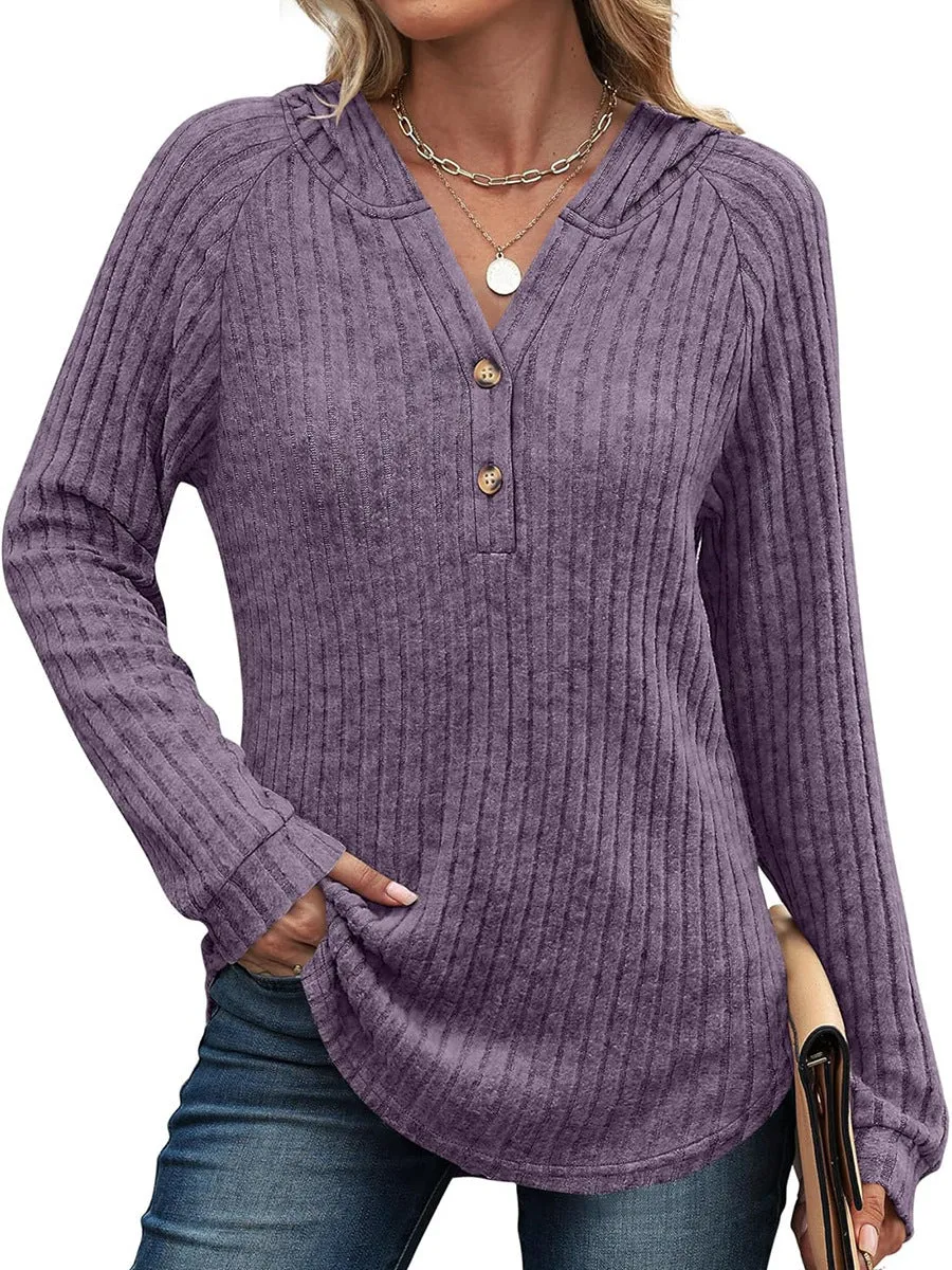 Women's solid colour V-neck button loose hooded fleece knitted top in casual Japanese Korean style