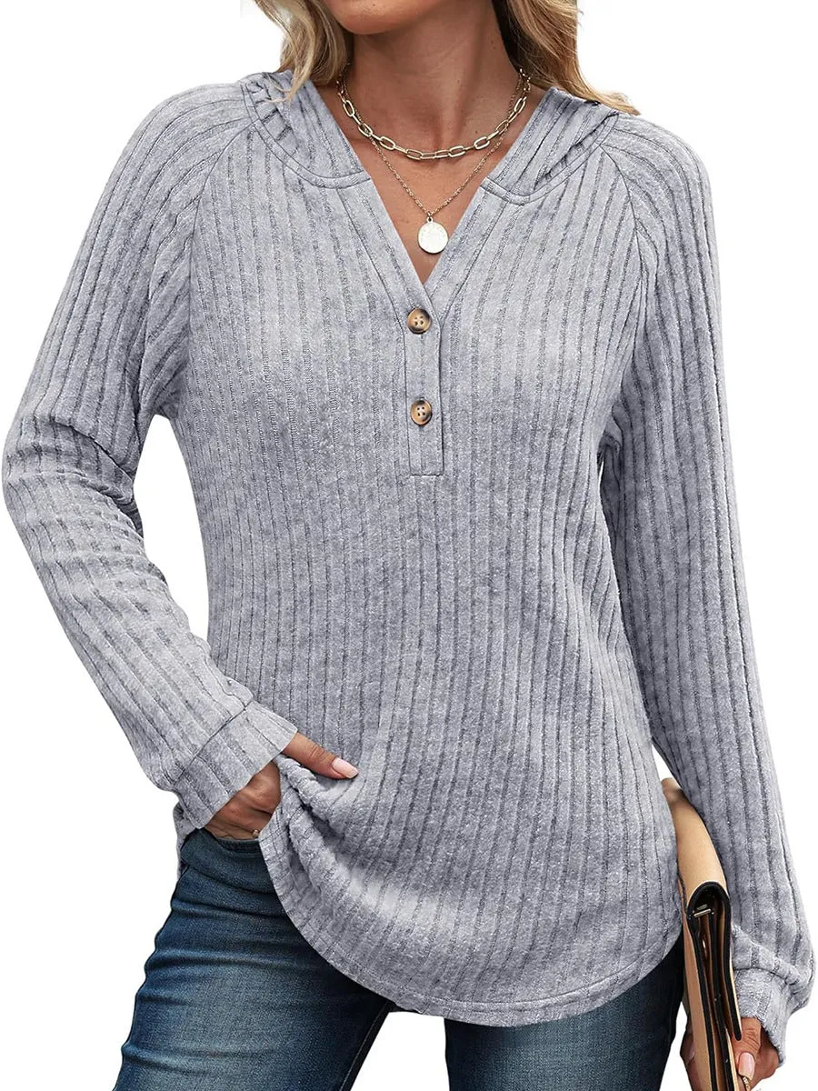 Women's solid colour V-neck button loose hooded fleece knitted top in casual Japanese Korean style