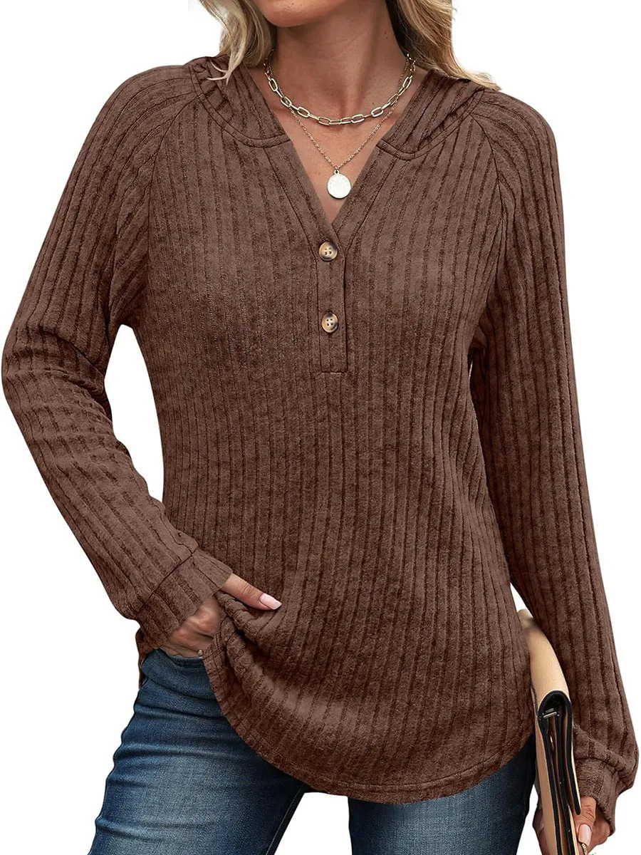 Women's solid colour V-neck button loose hooded fleece knitted top in casual Japanese Korean style