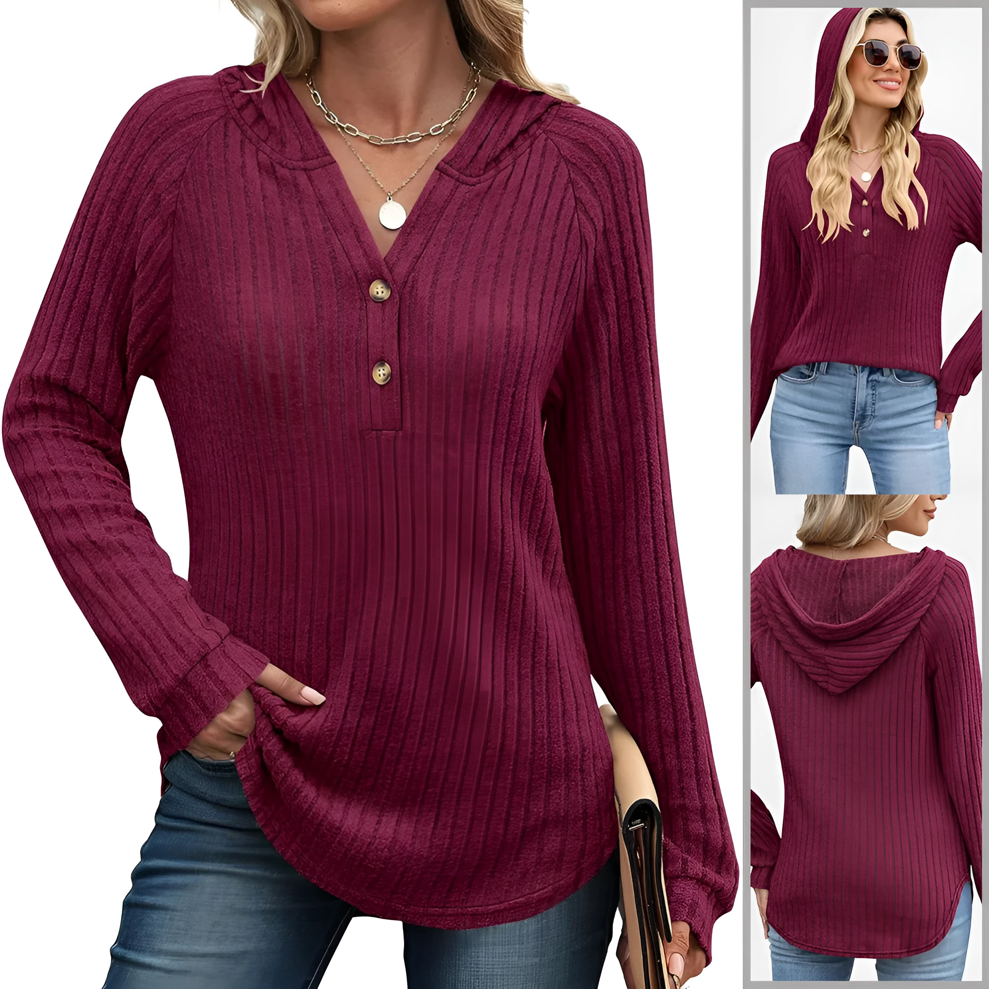 Women's solid colour V-neck button loose hooded fleece knitted top in casual Japanese Korean style