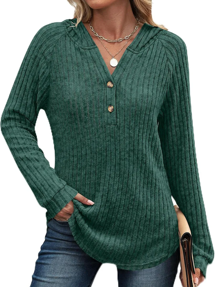 Women's solid colour V-neck button loose hooded fleece knitted top in casual Japanese Korean style