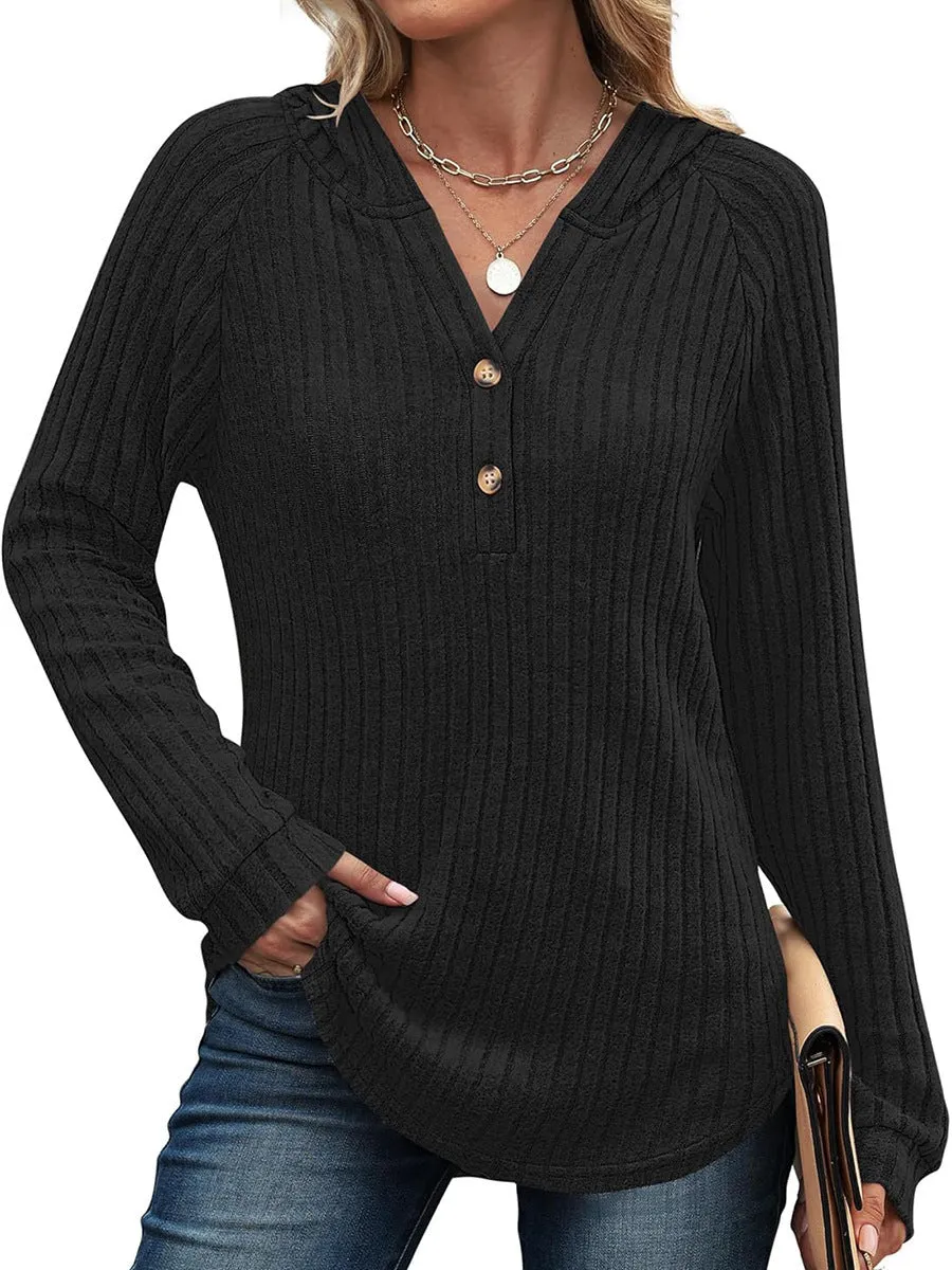Women's solid colour V-neck button loose hooded fleece knitted top in casual Japanese Korean style