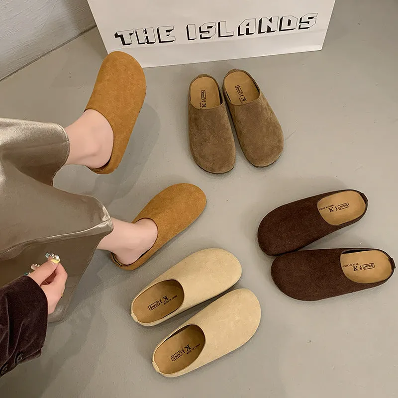 Korean style square head outdoor slippers in apricot, khaki, camel, and brown colours