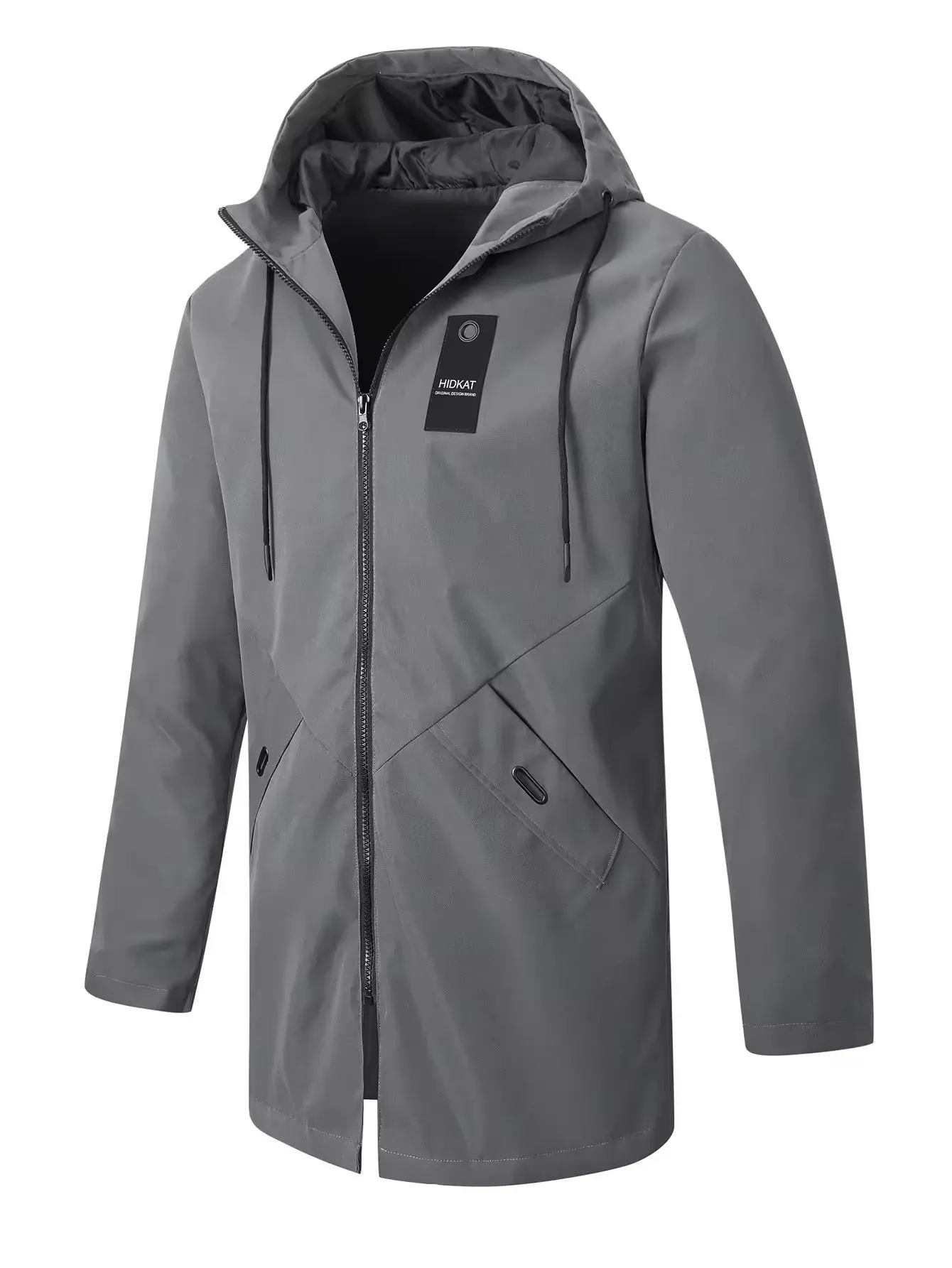 Men's mid-length windproof hooded polyester shell jacket in army green on a model outdoors