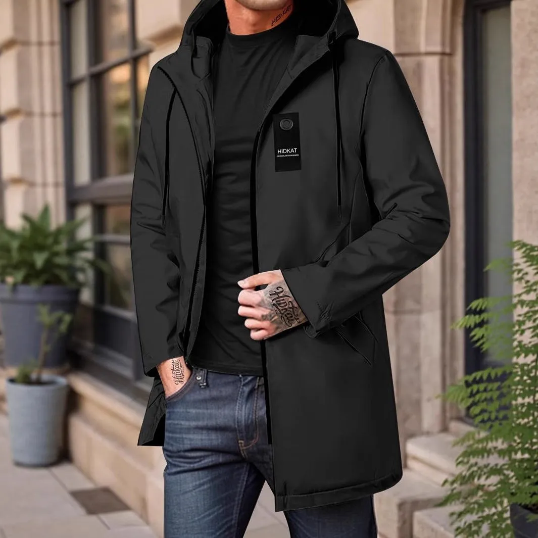 Men's mid-length windproof hooded polyester shell jacket in army green on a model outdoors