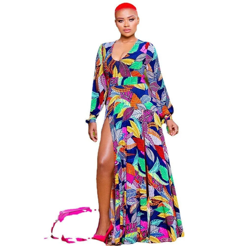 Women's printed A-line long dress with deep V-neck and split design in floral pattern