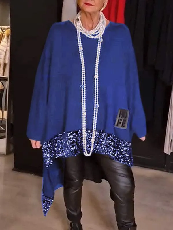 Loose irregular hem sequin stitching long sleeve top in black, front view, street hipster style, polyester fabric