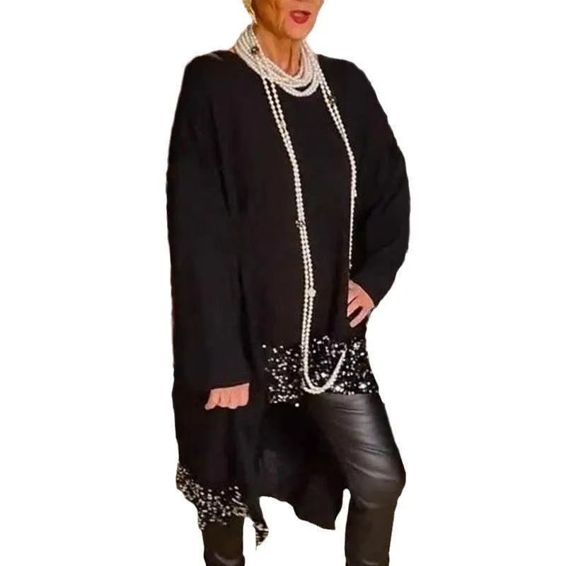 Loose irregular hem sequin stitching long sleeve top in black, front view, street hipster style, polyester fabric