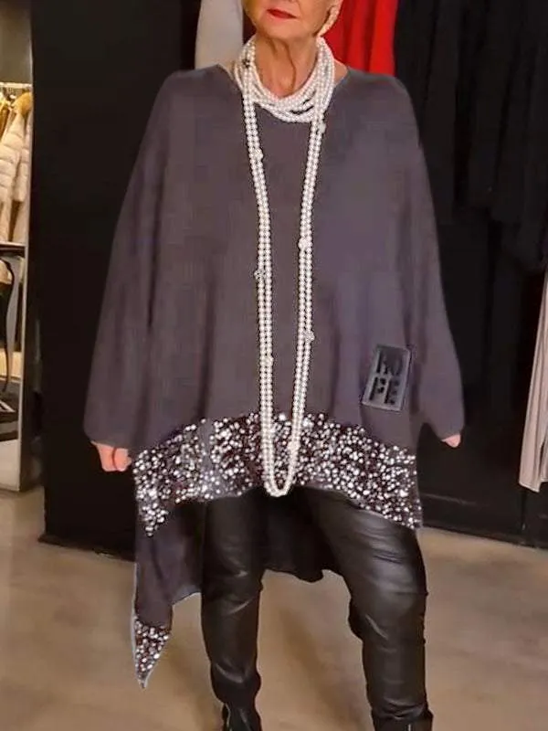 Loose irregular hem sequin stitching long sleeve top in black, front view, street hipster style, polyester fabric