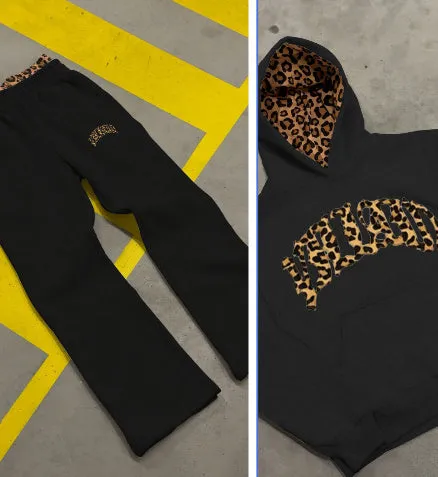 Black or light gray street casual three-piece set with leopard print letter embroidery on hoodie and trousers