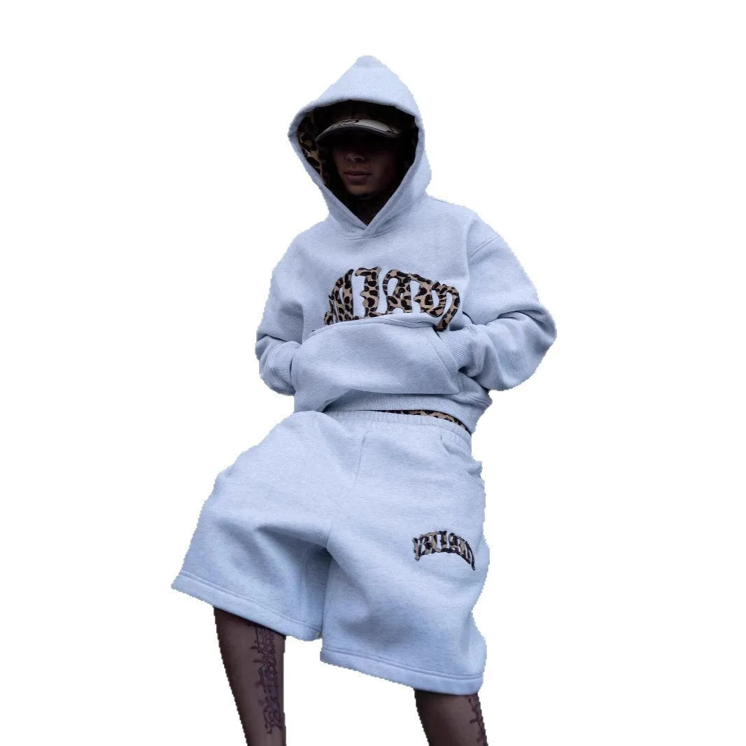 Black or light gray street casual three-piece set with leopard print letter embroidery on hoodie and trousers
