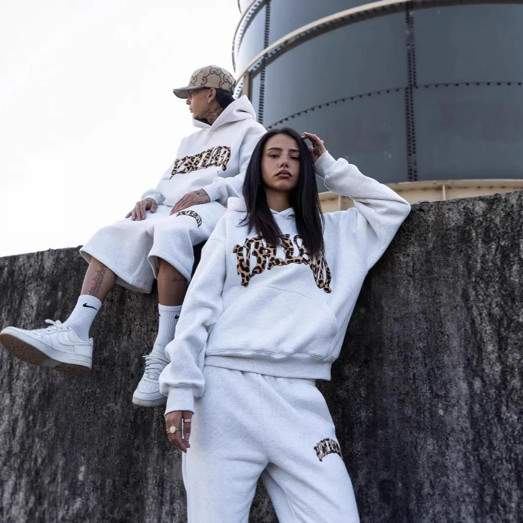 Black or light gray street casual three-piece set with leopard print letter embroidery on hoodie and trousers