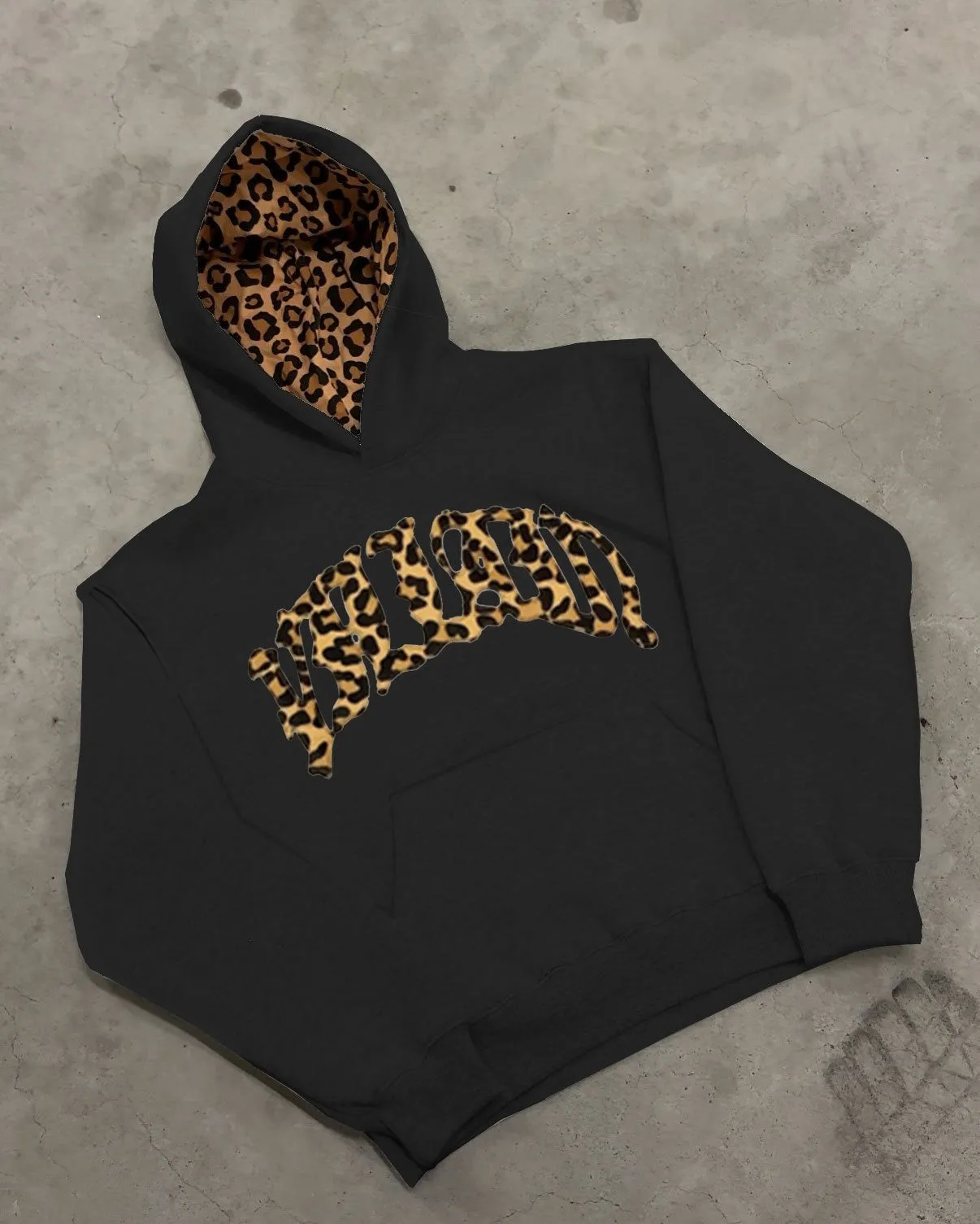 Black or light gray street casual three-piece set with leopard print letter embroidery on hoodie and trousers