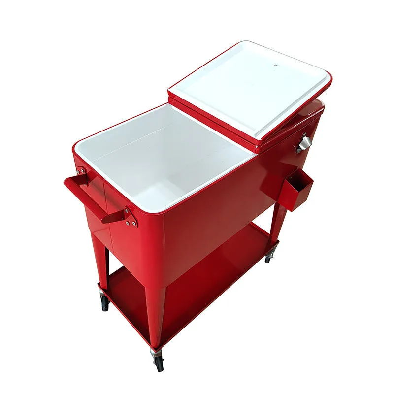 Red outdoor metal insulated trolley with 750 capacity for picnic and ice pack transport