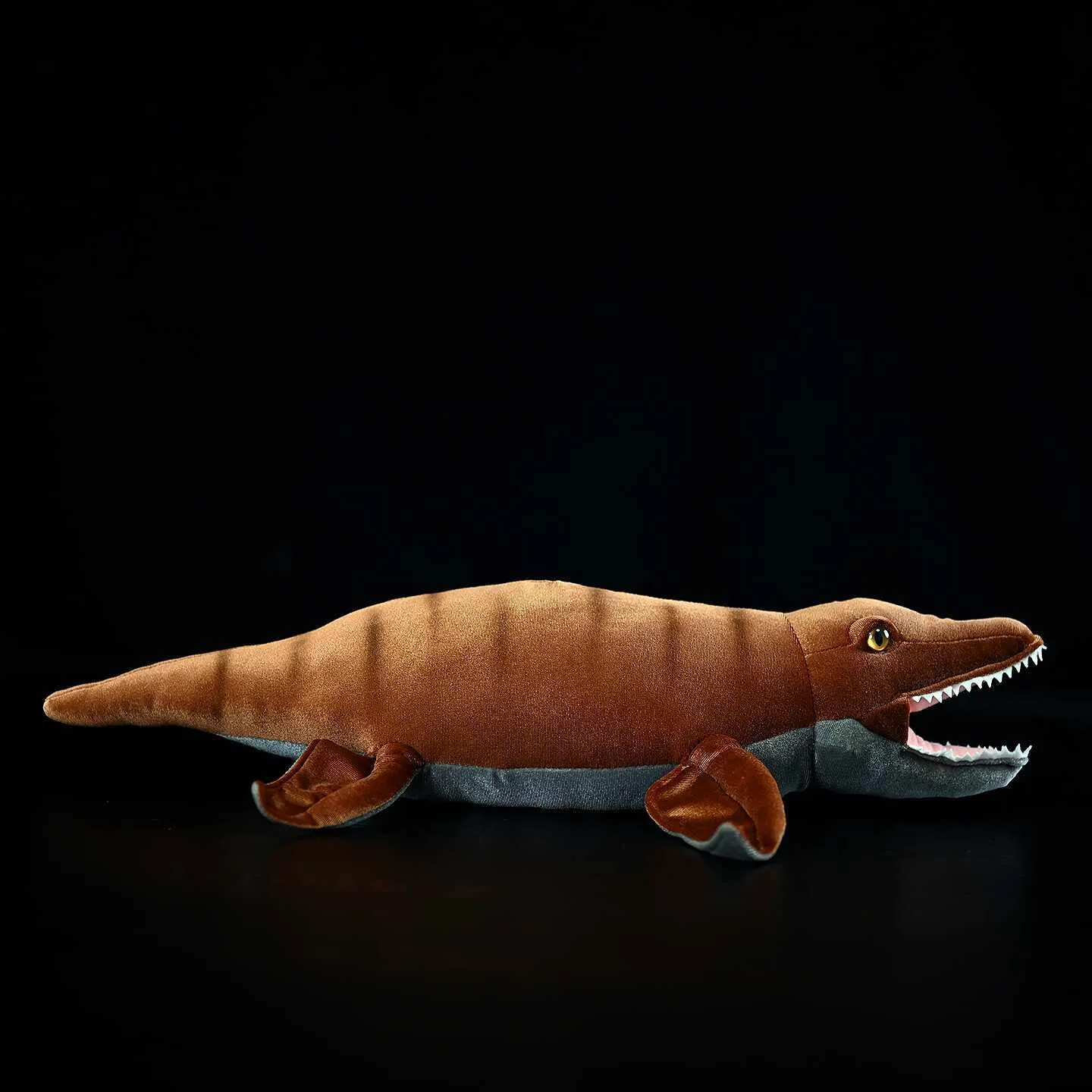 Soft flannel dinosaur plush toy, 48 cm long, standing on a shelf with a gentle expression