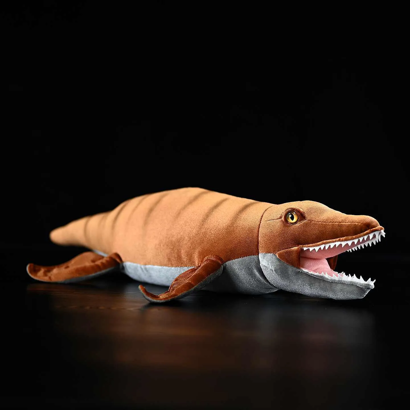 Soft flannel dinosaur plush toy, 48 cm long, standing on a shelf with a gentle expression