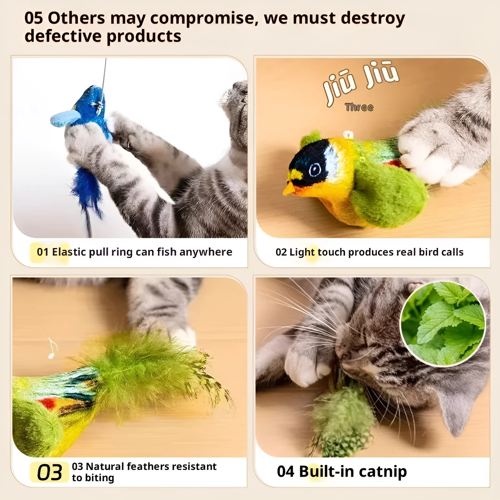 Simulation sound bird pet toy with true feathers, hanging, gray blue green colour, light touch sound