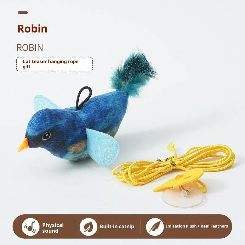 Simulation sound bird pet toy with true feathers, hanging, gray blue green colour, light touch sound