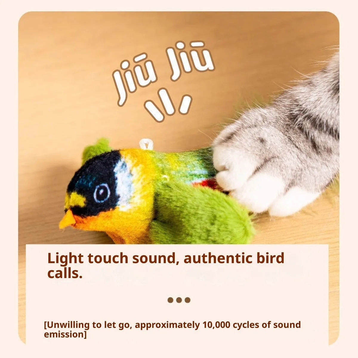 Simulation sound bird pet toy with true feathers, hanging, gray blue green colour, light touch sound