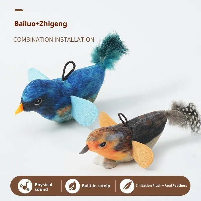 Simulation sound bird pet toy with true feathers, hanging, gray blue green colour, light touch sound