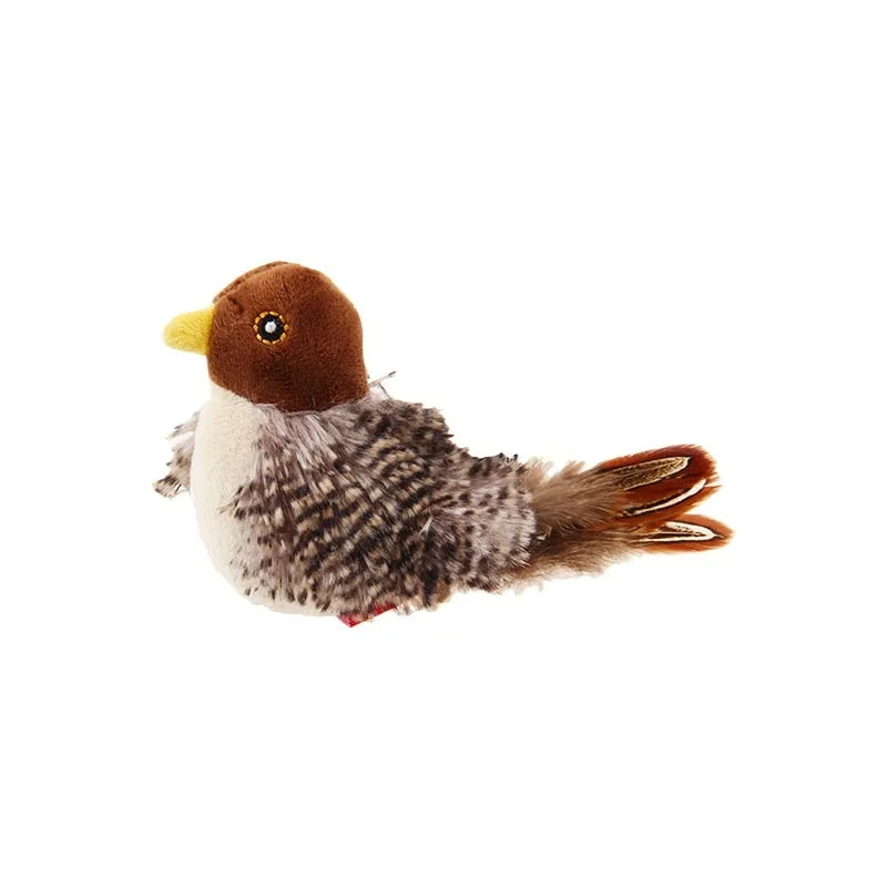 Simulation sound bird pet toy with true feathers, hanging, gray blue green colour, light touch sound
