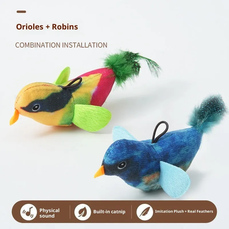 Simulation sound bird pet toy with true feathers, hanging, gray blue green colour, light touch sound