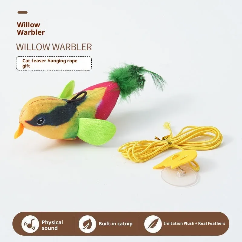 Simulation sound bird pet toy with true feathers, hanging, gray blue green colour, light touch sound