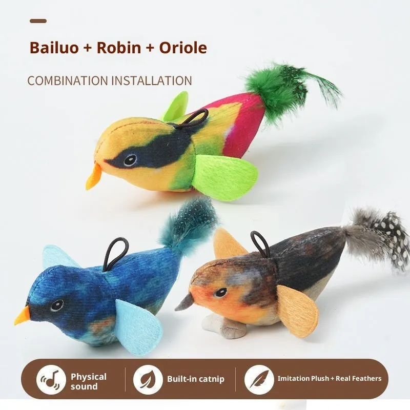 Simulation sound bird pet toy with true feathers, hanging, gray blue green colour, light touch sound