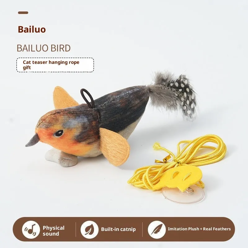 Simulation sound bird pet toy with true feathers, hanging, gray blue green colour, light touch sound