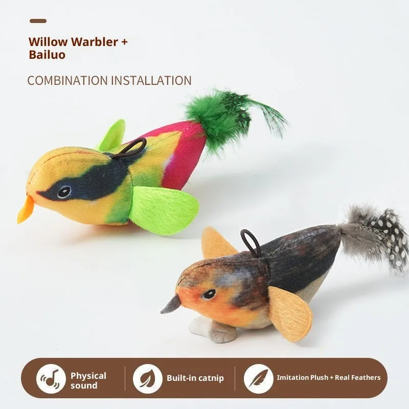 Simulation sound bird pet toy with true feathers, hanging, gray blue green colour, light touch sound