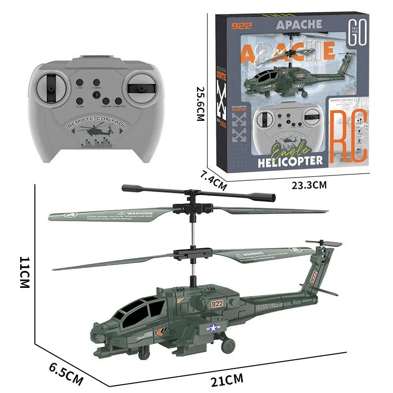 Apache remote control helicopter in army green with gyroscope and anti-fall design on display