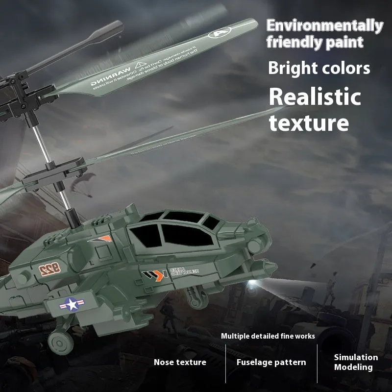Apache remote control helicopter in army green with gyroscope and anti-fall design on display