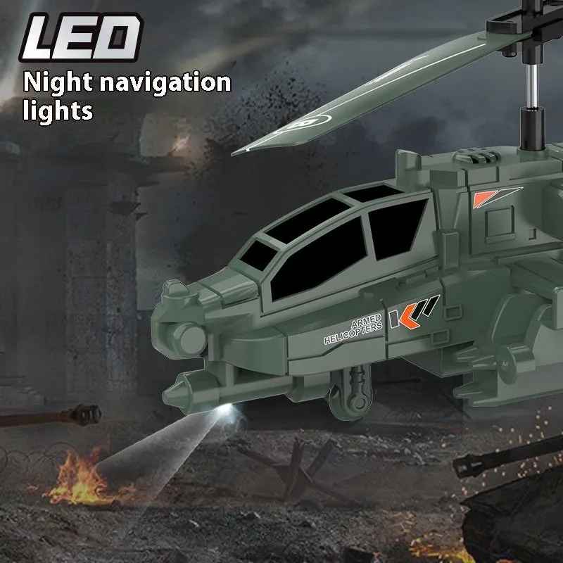 Apache remote control helicopter in army green with gyroscope and anti-fall design on display