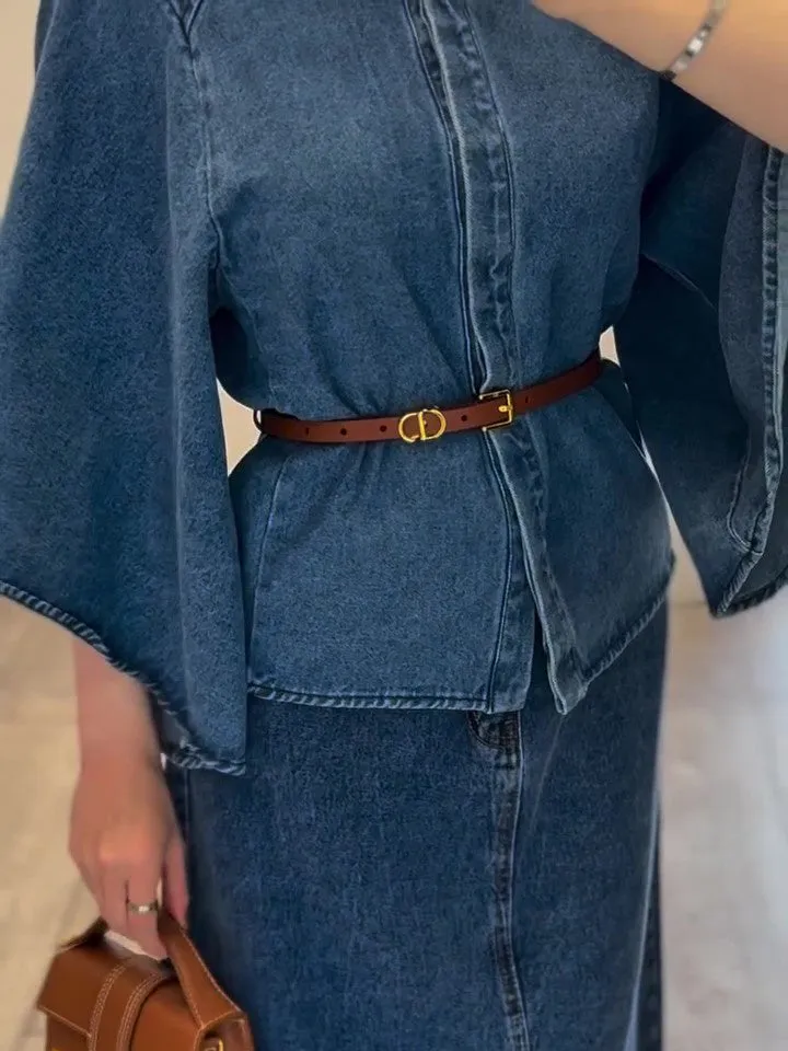 Denim cape style top and maxi skirt set in denim colour, regular fit two-piece outfit