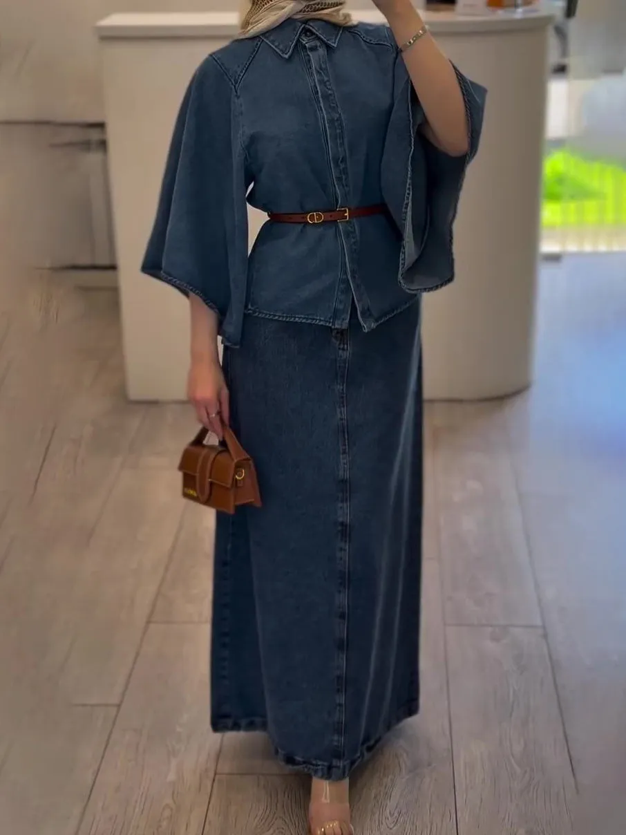 Denim cape style top and maxi skirt set in denim colour, regular fit two-piece outfit
