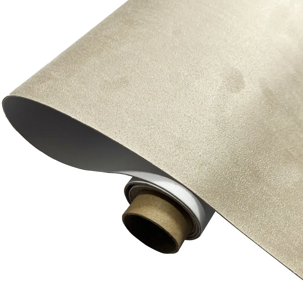 Self-adhesive leather suede sheet in beige colour showing texture and adhesive backing.