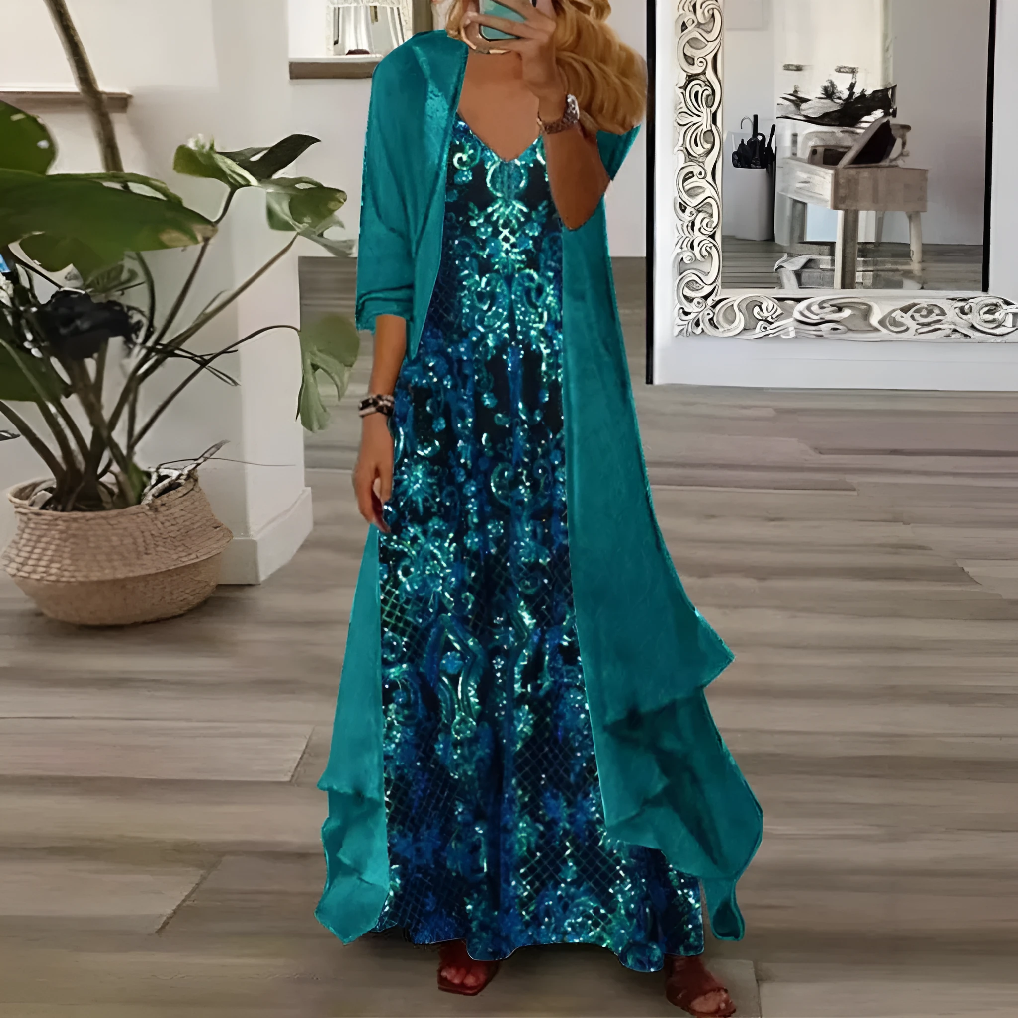 Plus size women's blue dress set with V-neck top, lining, long skirt, and crocheted flowers on polyester fabric