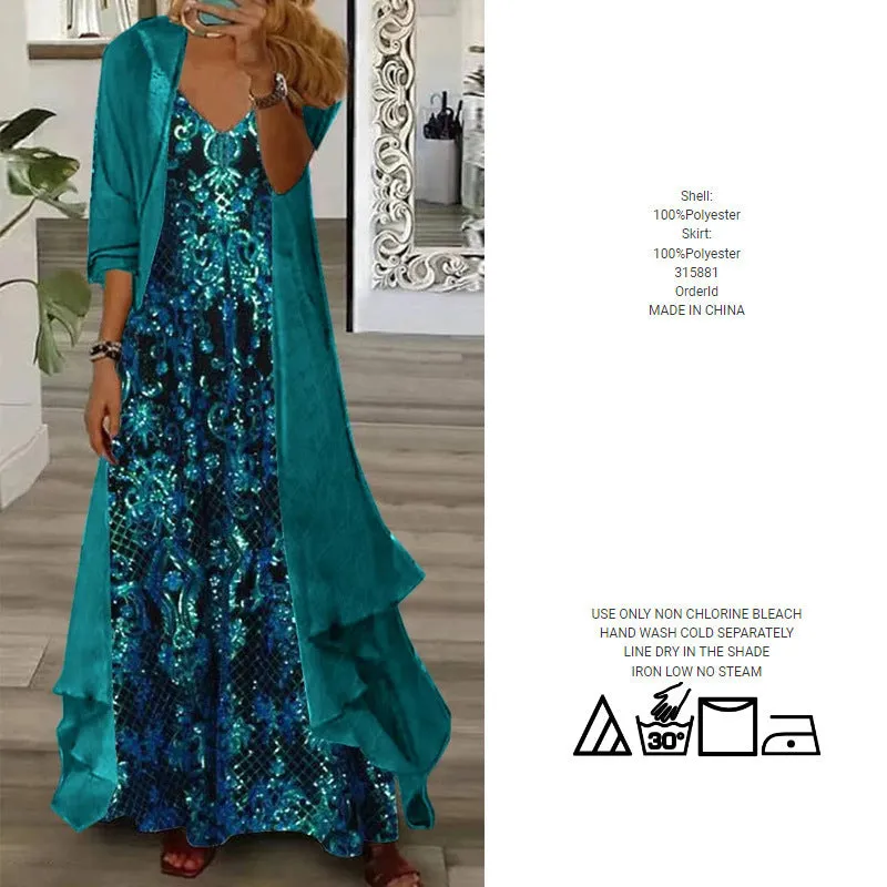 Plus size women's blue dress set with V-neck top, lining, long skirt, and crocheted flowers on polyester fabric