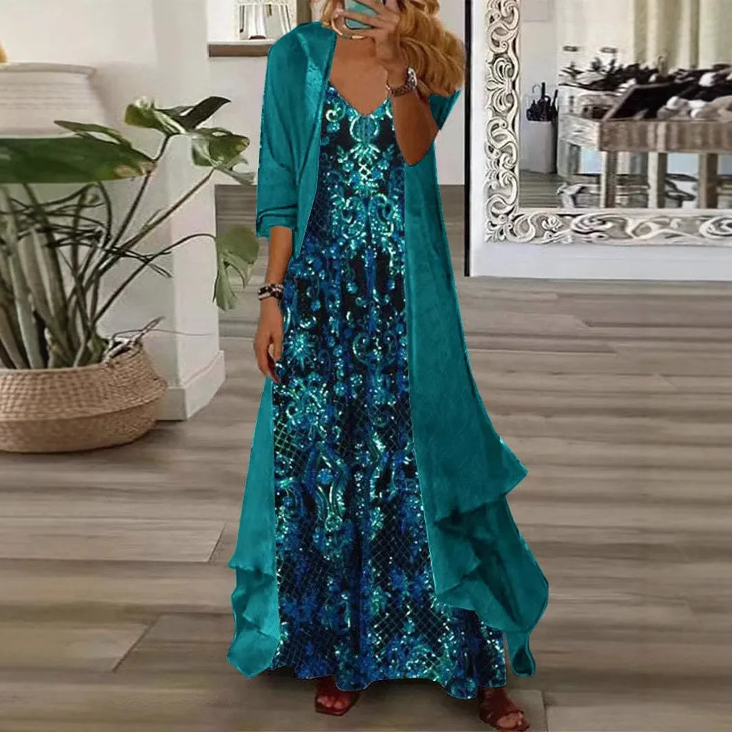 Plus size women's blue dress set with V-neck top, lining, long skirt, and crocheted flowers on polyester fabric