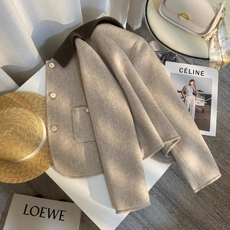 French style Kafuu double-sided reversible coat for women in khaki colour loose fit polyester