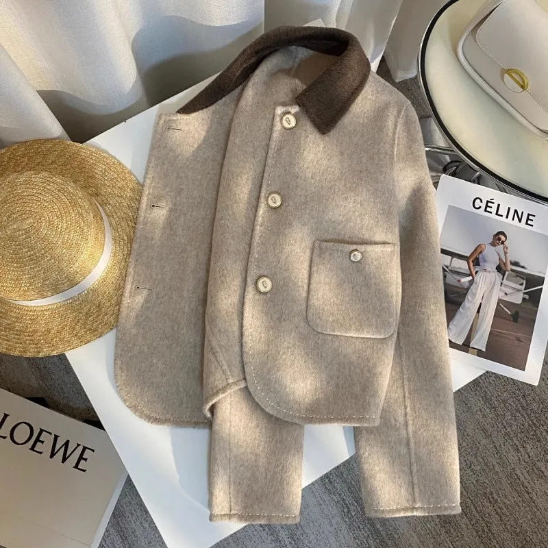 French style Kafuu double-sided reversible coat for women in khaki colour loose fit polyester