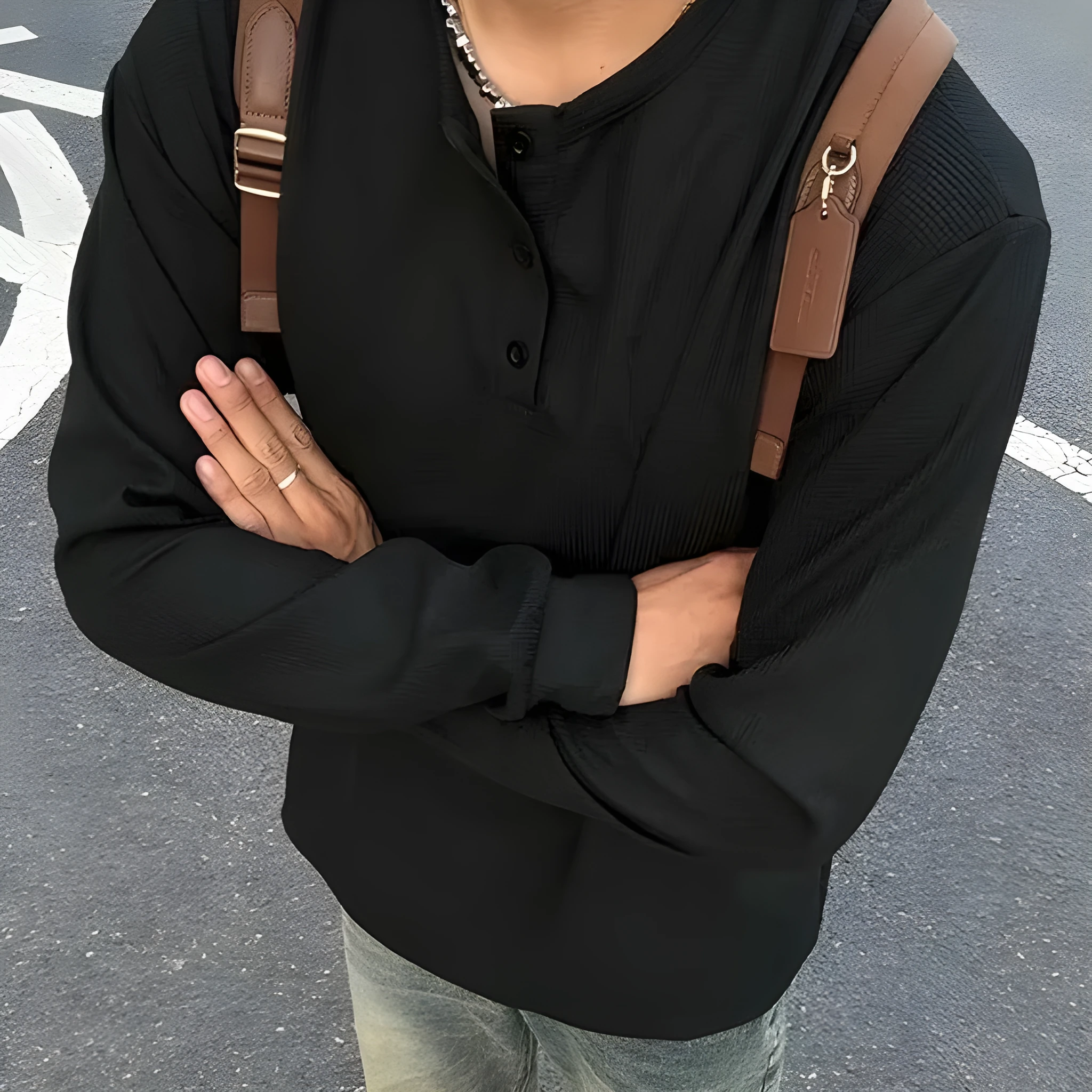 Black American Henry collar long-sleeved men's pullover top, loose fit, solid colour, polyester blend fabric