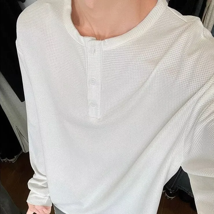 Black American Henry collar long-sleeved men's pullover top, loose fit, solid colour, polyester blend fabric