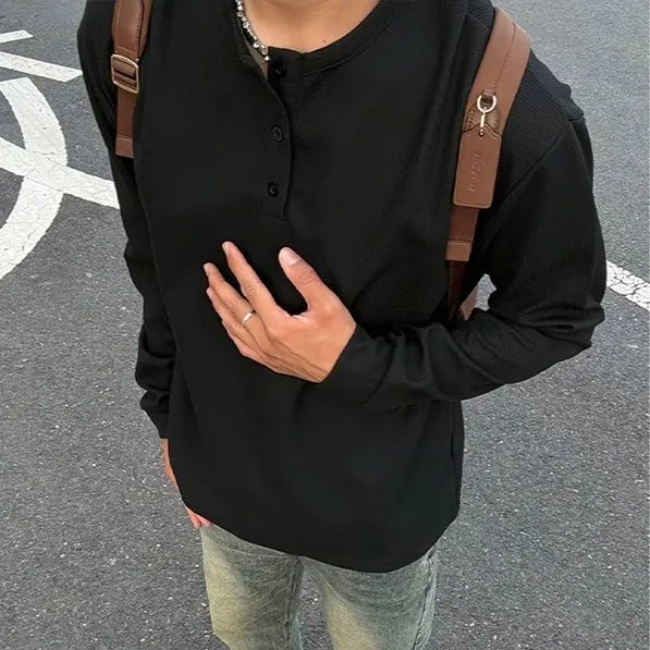 Black American Henry collar long-sleeved men's pullover top, loose fit, solid colour, polyester blend fabric