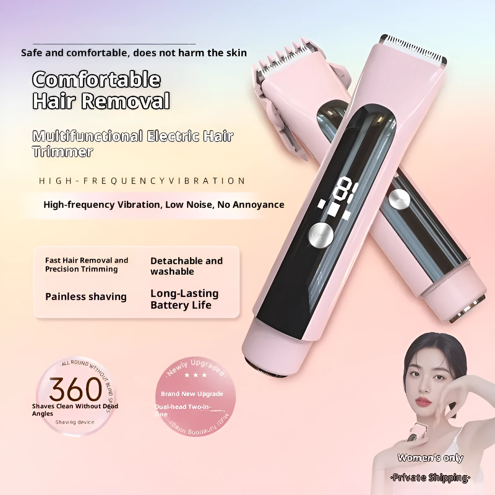 Electric hair removal device for women double-headed lady shaver USB rechargeable for whole body and private pubic hair
