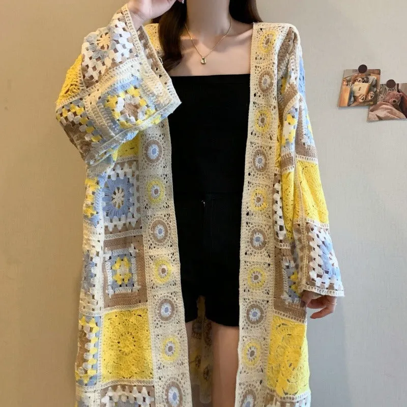 Loose crocheted hollow out sweater coat cardigan with geometric pattern in Lotus Root colour, polyester fibre, medium length 65cm