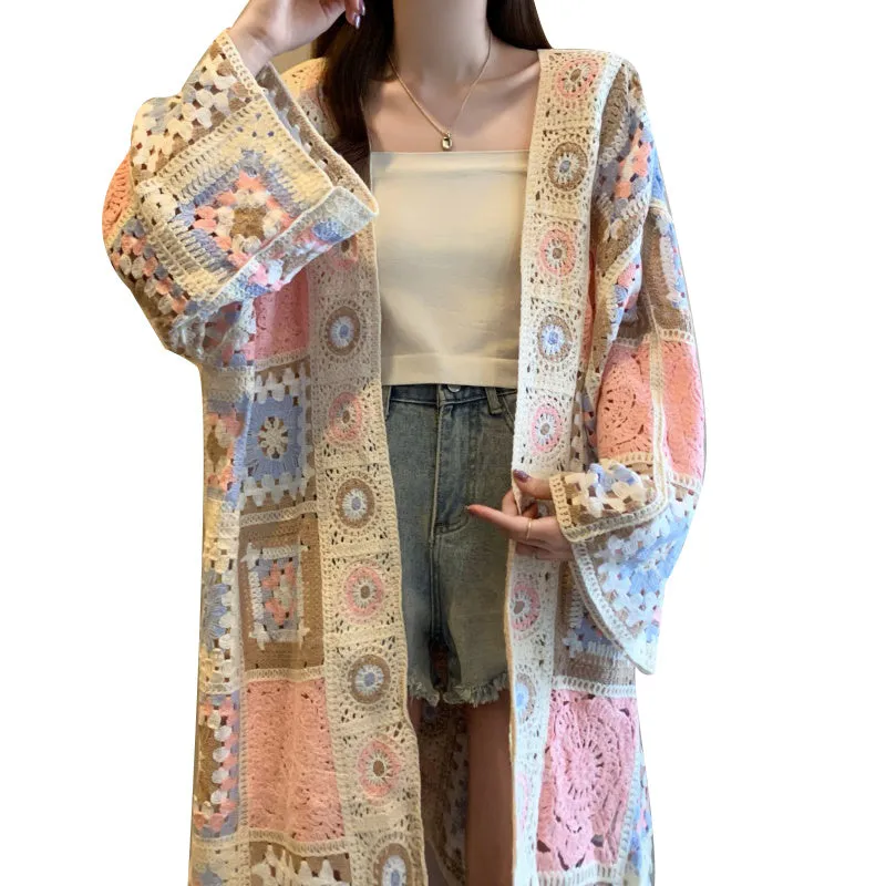 Loose crocheted hollow out sweater coat cardigan with geometric pattern in Lotus Root colour, polyester fibre, medium length 65cm